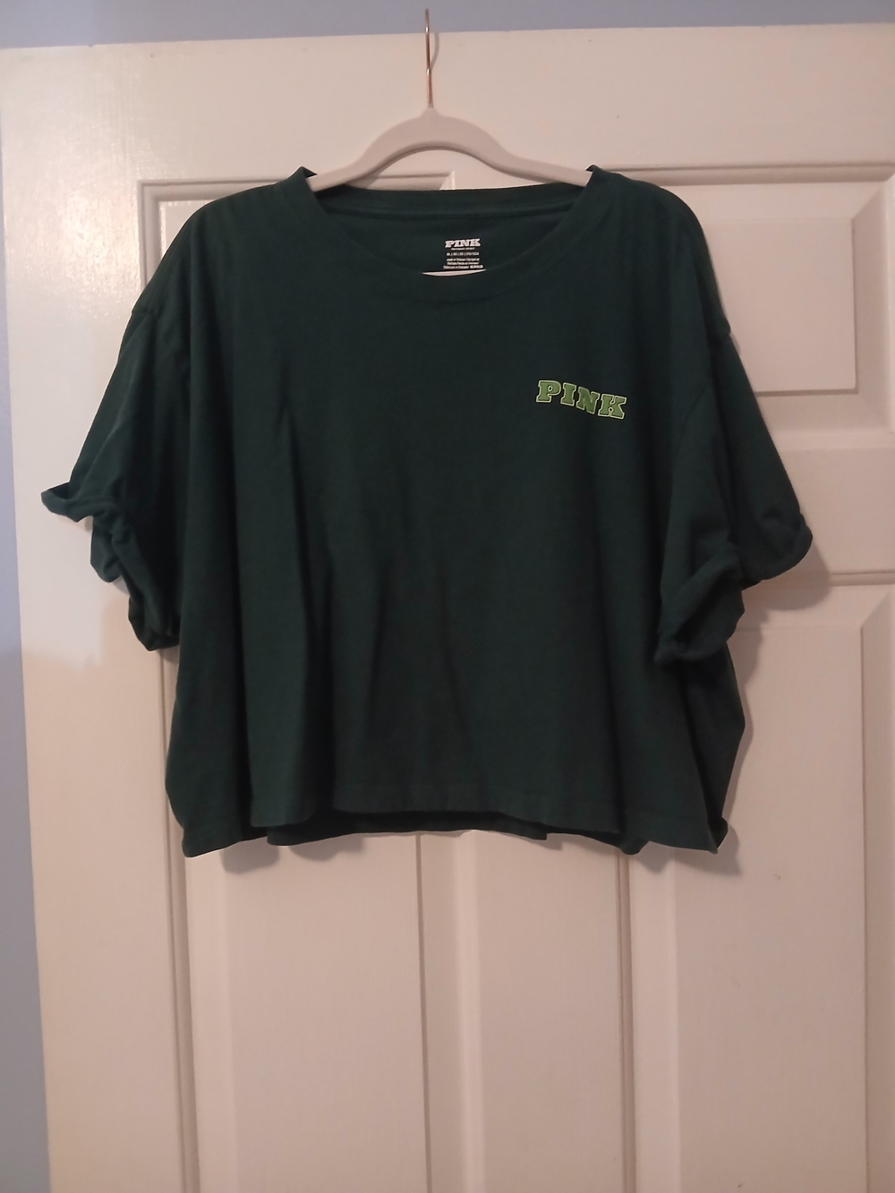 PINK Victoria's Secret Cropped Tee in Dark Green with Lime Logo